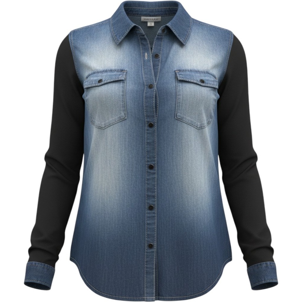 Hannah Denim Mixed Media Shirt Sheer Black Sleeves Pearl Snap Blue Women Small